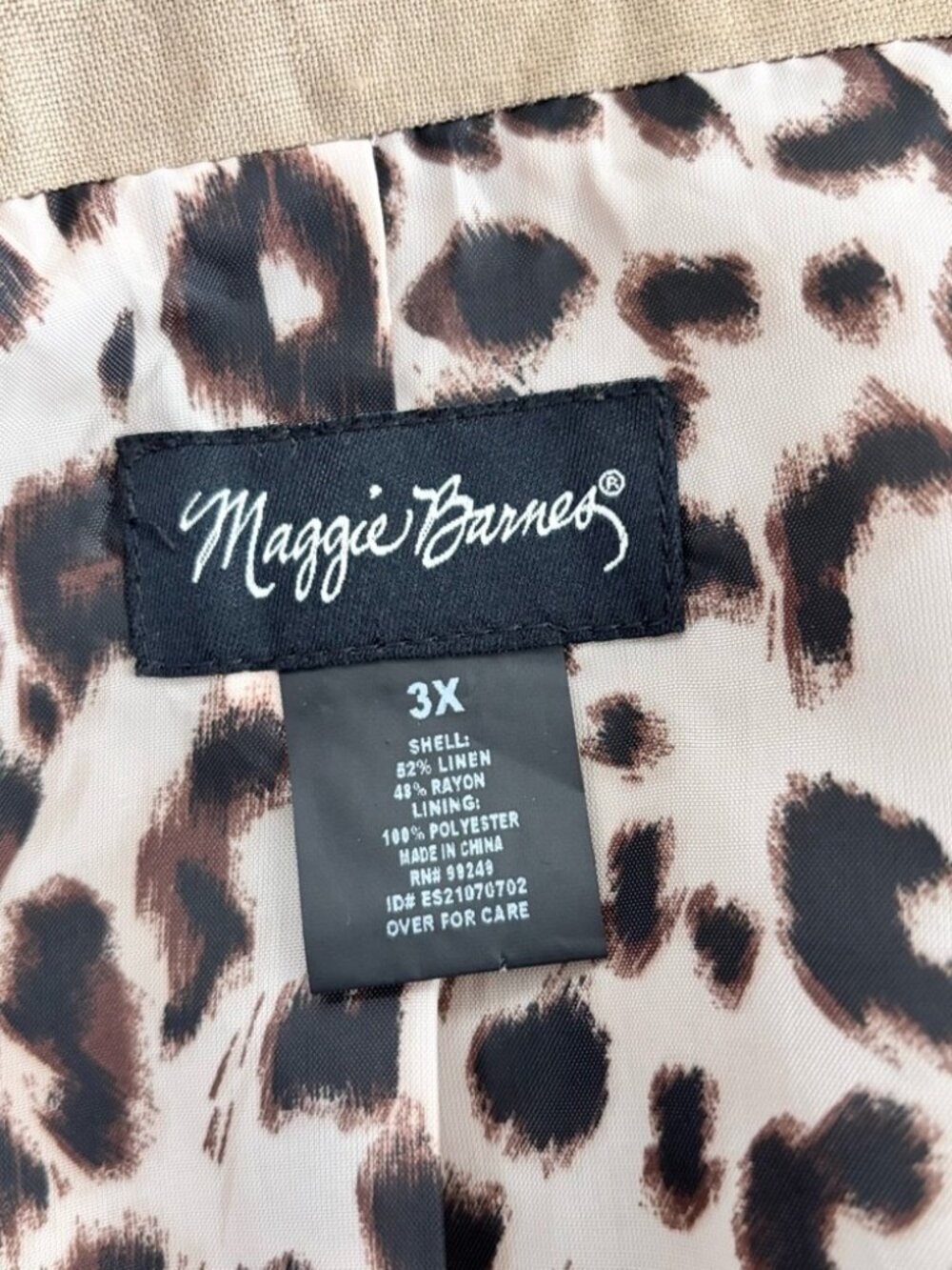 Maggie Barnes 3X Tan Linen Blend Blazer Short Sleeve Leopard Print Lining - Picture 5 of 8